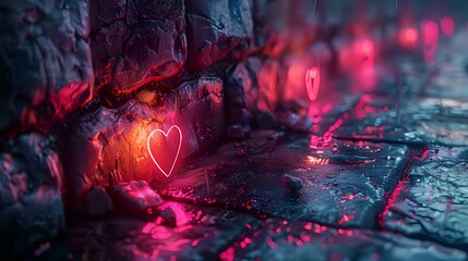 Glowing neon hearts embedded in a stone wall, casting reflections on a wet cobblestone street. Ideal for romantic, urban, or nightlife themes, and perfect for creative design use.