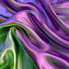 Fototapeta premium Colorful silk fabric with a blend of purple, green, and pink hues, creating a luxurious and vibrant texture. The folds and curves add depth and movement to the image, suitable for backgrounds 