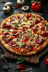 A mouth-watering pepperoni pizza topped with mushrooms, bell peppers, and fresh basil, served on a rustic wooden board.