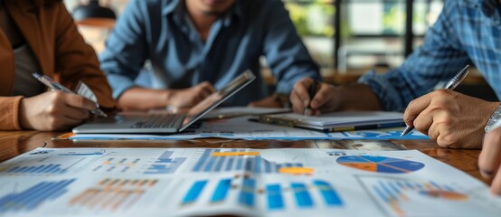Obraz premium The business team shares strategy ideas on paper, documents charts, and creates a big data summary together with a conference meeting in an office, while AI generates the summary using the mind