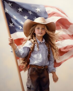 A young girl wearing a cowboy hat holds an American flag with a proud expression. The flag waves in the background.