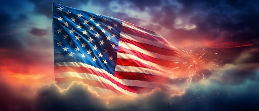 A dynamic image of the American flag with a dramatic sky and fireworks in the background.
