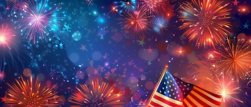 A vibrant display of fireworks in the night sky with an illuminated American flag in the foreground.