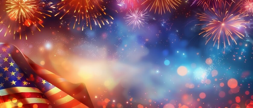 Bright fireworks light up the night sky behind a waving American flag, creating a festive and patriotic atmosphere.