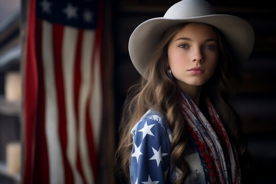 A young woman in a star-patterned shirt and a wide-brimmed hat poses indoors with an American flag in the background.