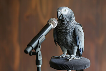 Fototapeta premium A gray parrot stands in front of a microphone, seemingly ready to speak. The background is blurred, drawing attention to the parrot and the microphone.