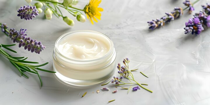 Artisanal Facial Cream Infused with Fresh Herbs and Essential Oils in a Jar. Concept Herbal Skincare, Natural Beauty Products, Homemade Remedies, Aromatic Ingredients, Sustainable Packaging