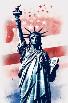 A stylized image of the Statue of Liberty with an American flag background and red stars scattered above.