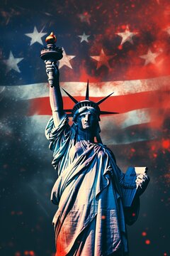 The Statue of Liberty stands tall with a dramatic American flag backdrop, symbolizing freedom and patriotism.