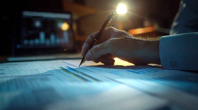 Close-up of tax charts and graphs, advisor's hand highlighting, wealth management, intricate details, photorealistic, elegant office, precise lighting, professional focus