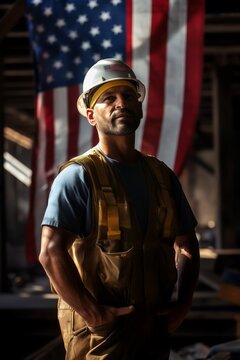 A construction worker in a hard hat stands confidently in front of an American flag, illuminated by natural light in an industrial setting.
