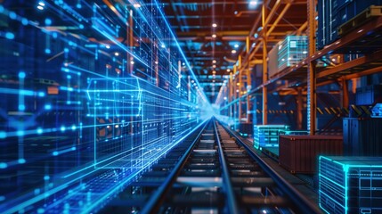 A holographic projection of a supply chain network diagram in a logistics center