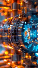 Fototapeta premium Closeup of a fusion reactor model, highlighted with blue and orange lights, emphasizing advanced energy technology