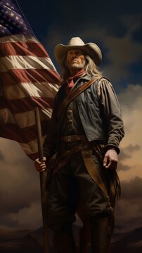 A rugged cowboy stands proudly with an American flag against a dramatic sky, embodying strength and patriotism in a classic Western scene.