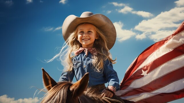 A young girl in a cowboy hat rides a horse, holding an American flag, against a bright blue sky with white clouds.