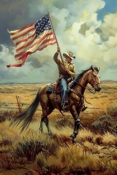 A cowboy riding a horse in a vast open field, holding a large American flag under a dramatic sky with clouds.