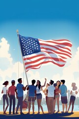 A diverse group of young people gather under a large American flag, celebrating outdoors with a bright blue sky.