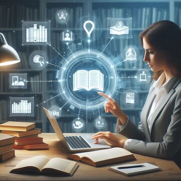 The concept of an e-library involves a person using a laptop with virtual e-book icons representing electronic books available online, generated by AI