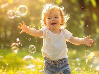 Young childs joyful reaction catching bubbles in a park, surrounded by greenery and sunlight