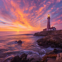 Fototapeta premium Stunning Coastal Sunset with Vibrant Orange & Purple Sky Featuring Majestic Lighthouse & Rocky Shoreline