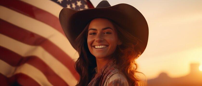 A woman with a broad smile, wearing a cowboy hat, stands in front of an American flag during a sunset.