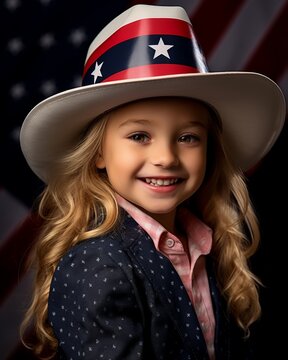Young girl in a patriotic outfit with a hat featuring stars and stripes, smiling against an American flag background.