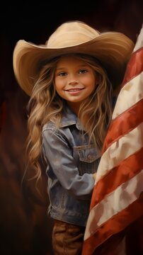 A young girl in a wide-brimmed hat and denim jacket smiles while standing next to an American flag.