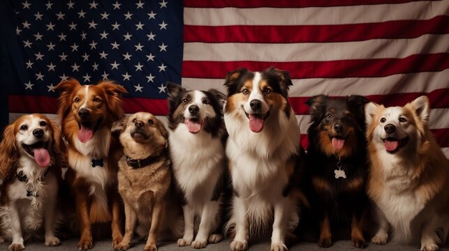 A group of seven dogs sits in front of an American flag, looking happy and relaxed with their tongues out.