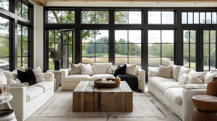 Cozy farmhouse living room with white couches, a brown coffee table and black window frames.