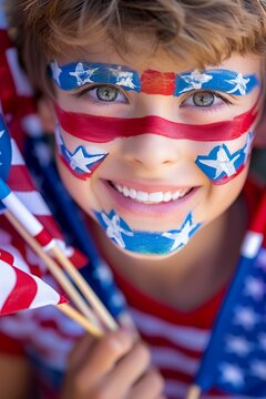 A young child with an American flag face paint, holding small American flags, smiling brightly, celebrating patriotism.