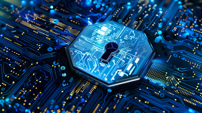 Cybersecurity blue light key lock programing to protect systems, networks, and company data from digital attacks hacker.
