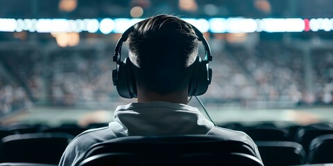 Sports broadcaster at desk facing stadium. Concept Sports Broadcasting, Desk Setup, Live Coverage, Stadium Background, Sports Commentator