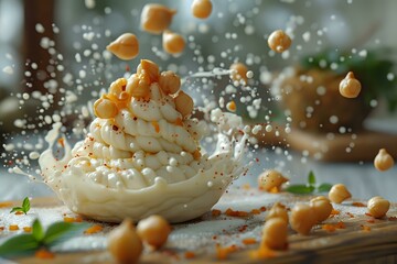 Delicious creamy dessert with caramel, creating a tempting and festive scene. Perfect for themes of dessert, celebration, and indulgence.