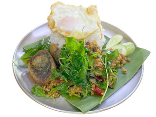 Stir-fried Thai Basil with Century Egg Topped with Fried Egg, Isolated on White Background
