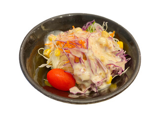 Japanese Salad with Dressing in a Bowl on White Background, Perfect for Healthy Eating Promotions and Food Blogs