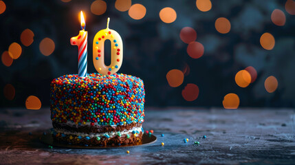 A birthday cake adorned with a glowing candle shaped like the number ten.