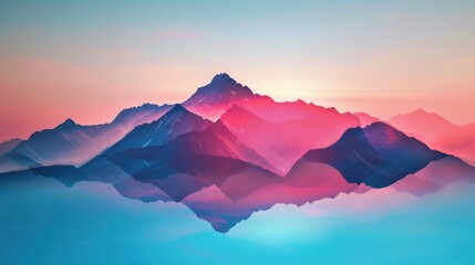 Surreal mountain landscape at sunset with vibrant pink and blue hues, creating a dreamy and tranquil atmosphere.