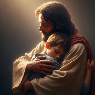 Jesus embracing a little boy &ndash; divine love, protection and innocence