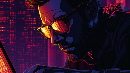 Hacker programmer software developer working on a laptop at night. Generative ai fictional character raster illustration. Pop art comic book style imitation. 