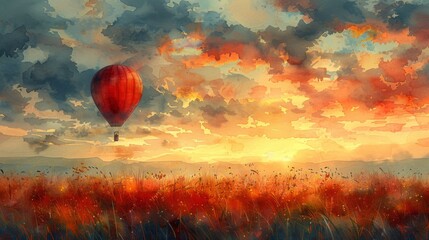 Obraz premium Watercolor painting of a hot air balloon soaring above fields, copy space banner, whimsical sky background