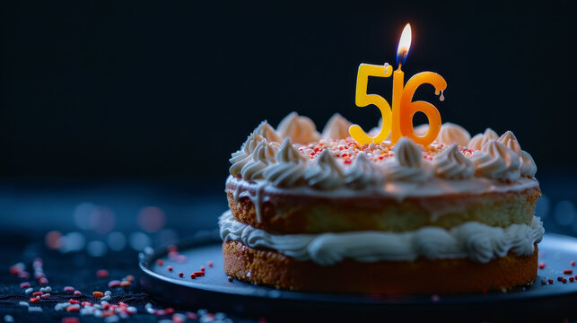 A birthday cake with a lit candle in the shape of the number 56.