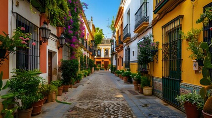 Fototapeta premium Photo of old street in Seville, Spain with colorful houses and plants. The photo shows an old street in Seville, Spain with colorful houses and plants, traditional Spanish architecture.