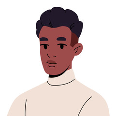 Avatar of young black man with modern hairstyle. Portrait of African American employee in turtleneck. User profile of person with neutral face. Flat isolated vector illustration on white background