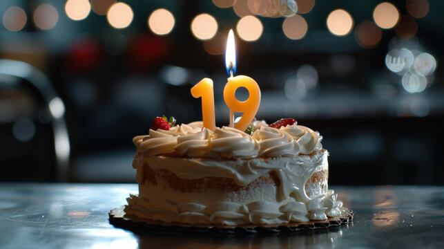A birthday cake with a lit candle that has the number 19 on it.