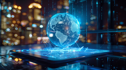 Fototapeta premium Hologram of globe. Hi-tec global communication network concept, Digital transformation.