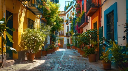 Fototapeta premium Photo of old street in Seville, Spain with colorful houses and plants. The photo shows an old street in Seville, Spain with colorful houses and plants, traditional Spanish architecture.