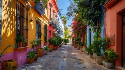 Photo of old street in Seville, Spain with colorful houses and plants. The photo shows an old street in Seville, Spain with colorful houses and plants, traditional Spanish architecture.