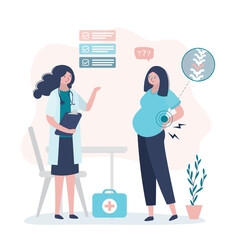 Upset pregnant woman with back pain rheumatologist appointment. Orthopedist talking with unhappy patient about pain relief. Diagnosis and treatment.