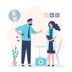 Upset man with back pain rheumatologist appointment. Orthopedist talking with unhappy patient. Diagnosis and treatment, health care.