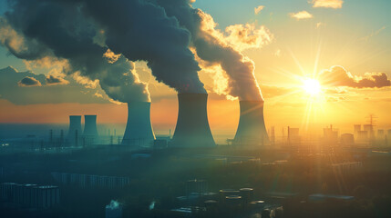 Fototapeta premium Futuristic thermal nuclear power plants smokestack in sunset.